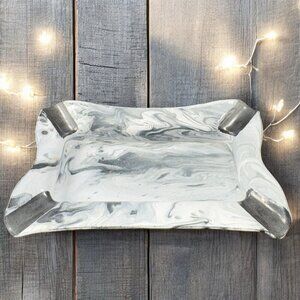 Vintage Enameled Metal Marbled Gray White Black Ashtray Dish Bowl Decorative